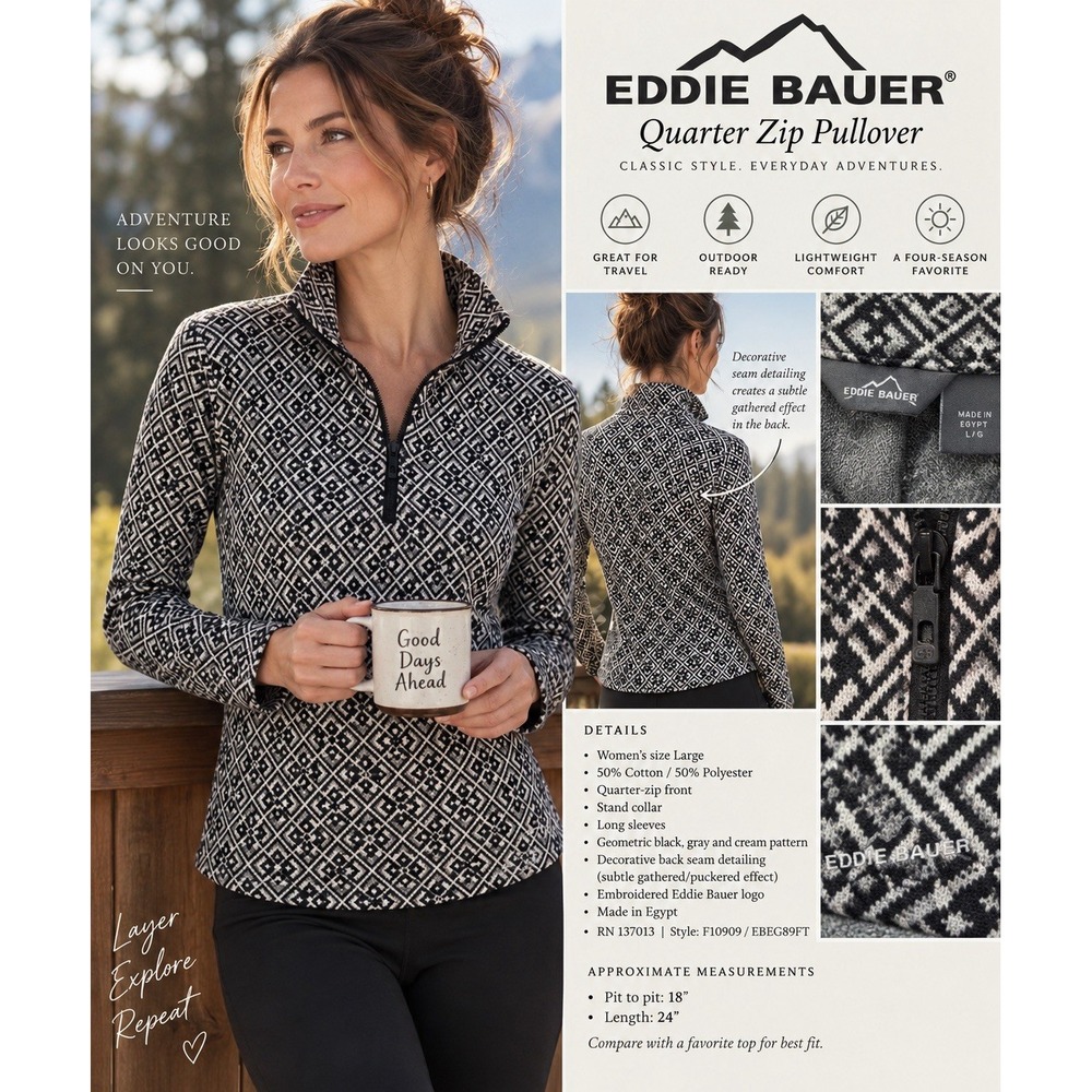 Eddie Bauer Womens Large Quarter Zip Pullover Black White Geometric Outdoor